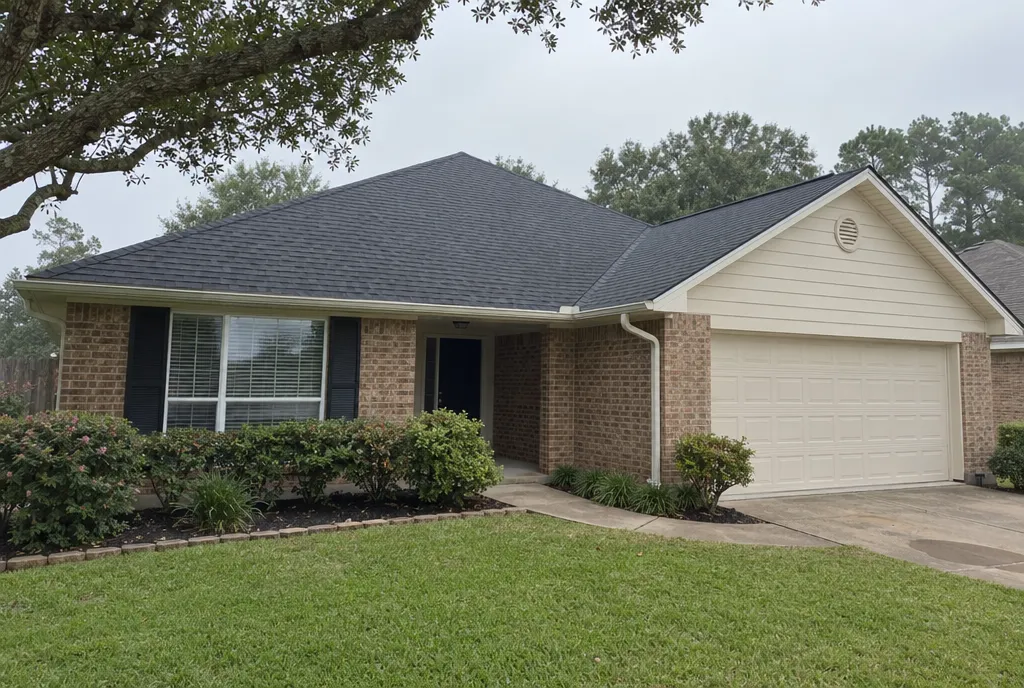 Sample image: the same roof with new charcoal architectural shingles.