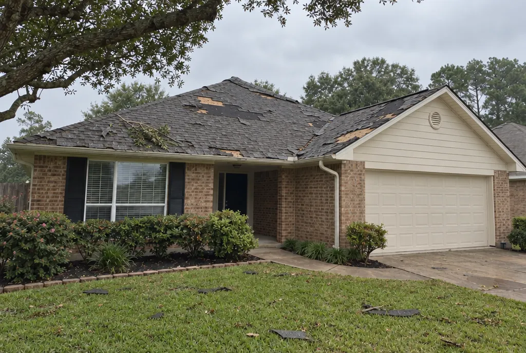Sample image: a shingle roof with wind and hurricane damage, shingles torn away.