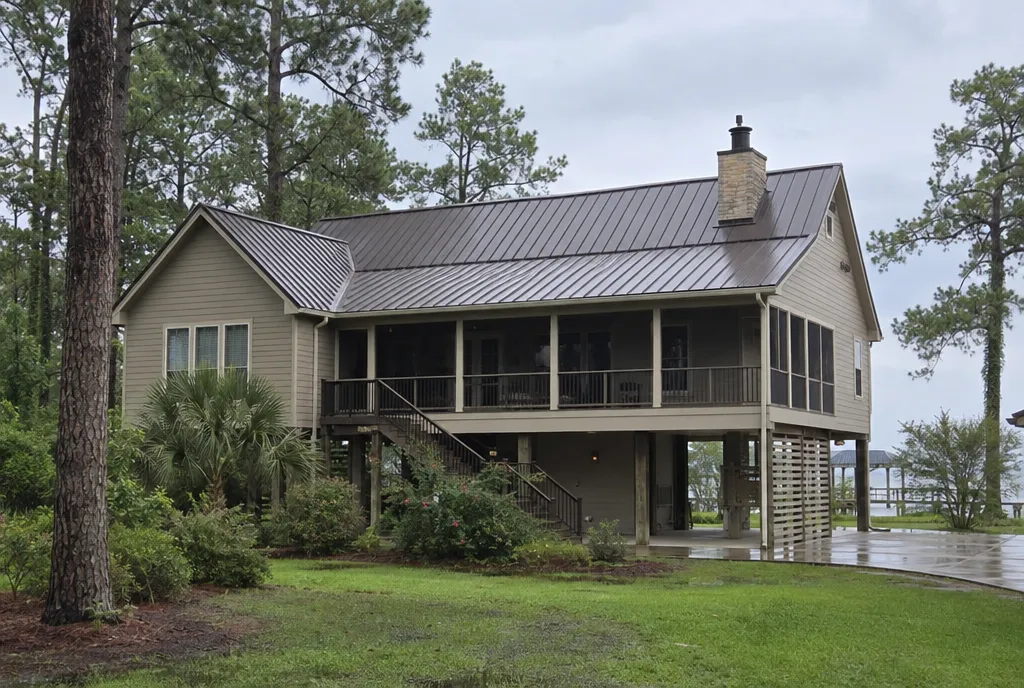 Sample image: the same raised house with a new bronze standing-seam metal roof.