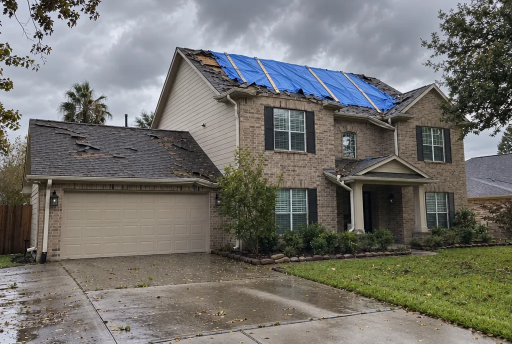 Sample image: a storm-damaged roof covered with a blue tarp.