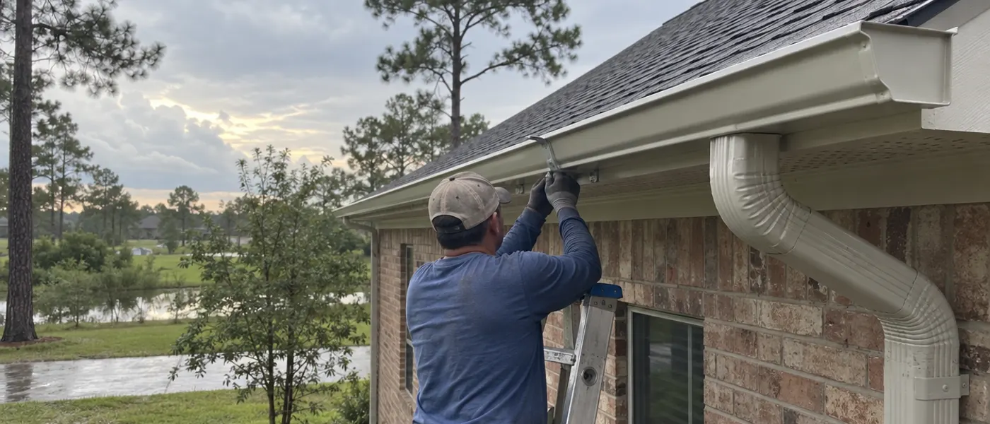 Sample photo: a new gutter being hung on the eave of a brick house.