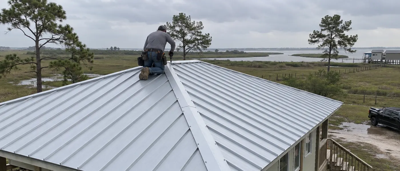 Sample photo: a new standing-seam metal roof on a raised Gulf Coast house.