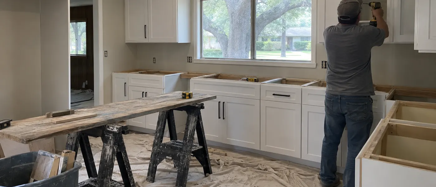 Sample photo: a kitchen remodel in progress with new white cabinets.