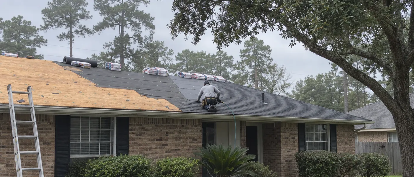 Sample photo: a re-roof in progress, half the deck stripped and new charcoal shingles going on.